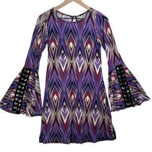 ARIELLA Retro Lace Up Bell Sleeve Purple Geometric Bohemian 1970s Midi Dress S